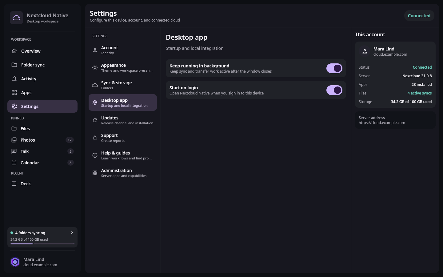 Nextcloud Native desktop Settings workspace with account, appearance, sync and storage, desktop app, updates, support, help, and administration sections