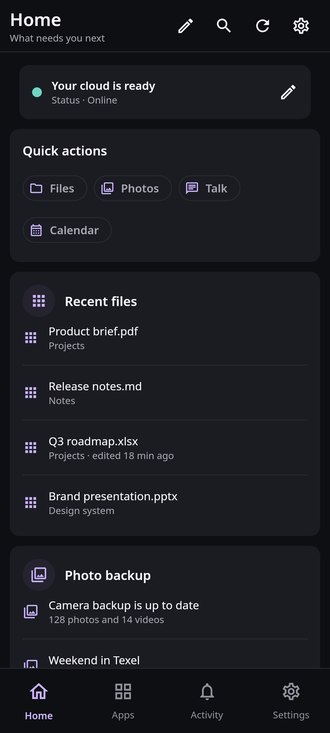 Nextcloud Native mobile home with files, conversations, events, and sync status
